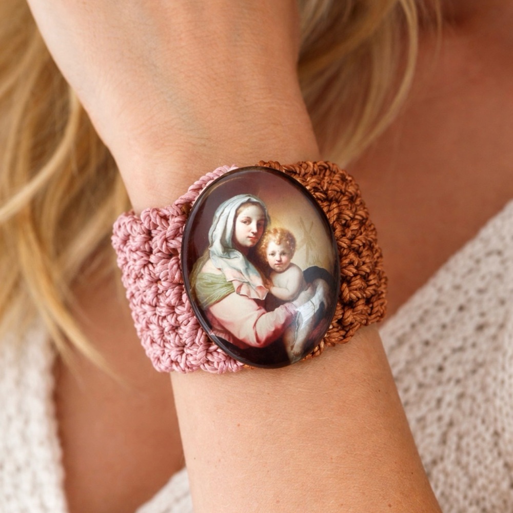 Hand Knits 2 Love Crochet Bracelet Cabochon Virgin Mary Jesus Religious Designer